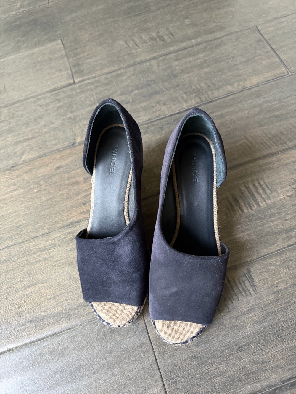 Vince Navy Suede Open-Peek Wedge Espadrille